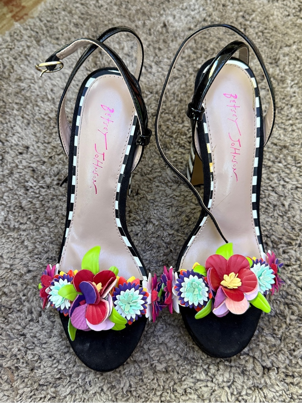 Betsey Johnson Black Floral 3D Appliqué Open-Toe Heels